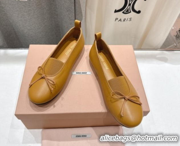 Durable Miu Miu Elan Nappa Leather Ballerinas Flat with Bow and Elastic Gusset Yellow 5F552E 1025053 2025