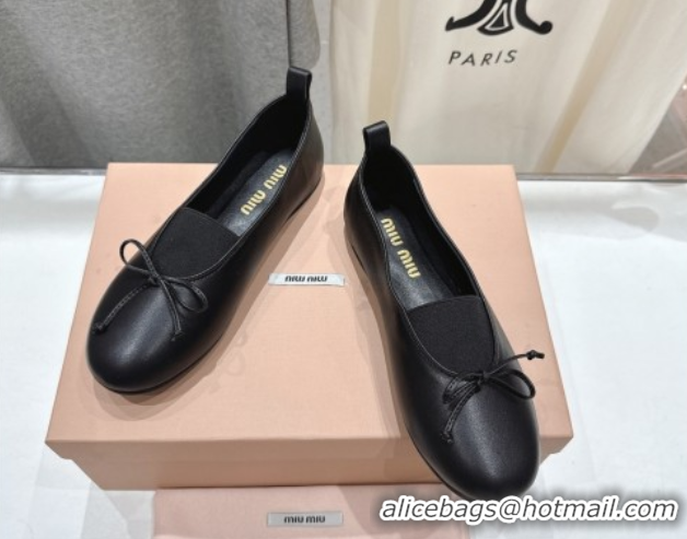Luxurious Miu Miu Elan Nappa Leather Ballerinas Flat with Bow and Elastic Gusset Black 5F552E 1025055 2025