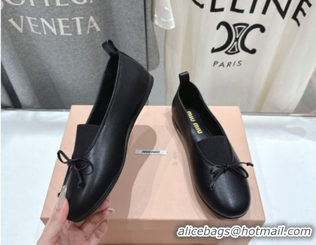 Luxurious Miu Miu Elan Nappa Leather Ballerinas Flat with Bow and Elastic Gusset Black 5F552E 1025055 2025