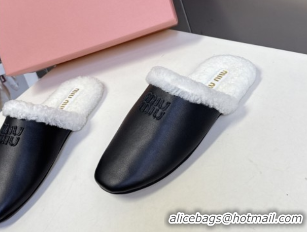 Fashion Miu Miu Leather and Wool Flat Mules Black 2025 MM102502 1025056 2025