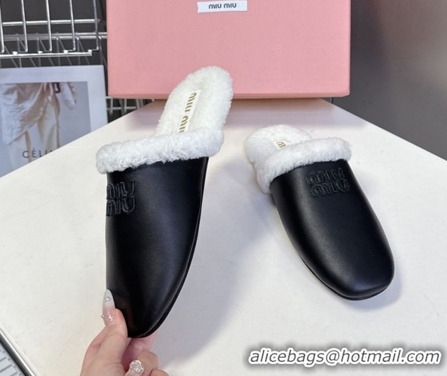 Fashion Miu Miu Leather and Wool Flat Mules Black 2025 MM102502 1025056 2025