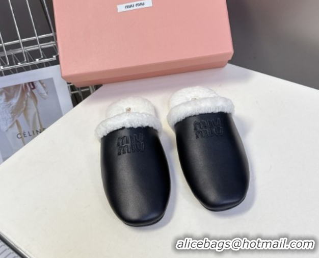 Fashion Miu Miu Leather and Wool Flat Mules Black 2025 MM102502 1025056 2025