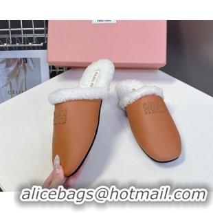 Classic Miu Miu Leather and Wool Flat Mules Brown 2025 MM102502 1025057 2025