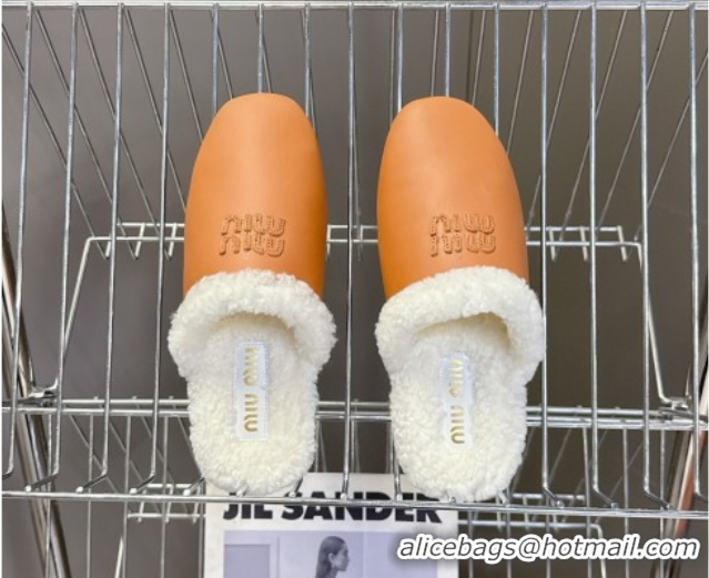 Classic Miu Miu Leather and Wool Flat Mules Brown 2025 MM102502 1025057 2025