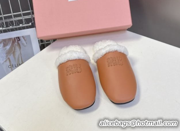 Classic Miu Miu Leather and Wool Flat Mules Brown 2025 MM102502 1025057 2025