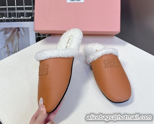 Classic Miu Miu Leather and Wool Flat Mules Brown 2025 MM102502 1025057 2025