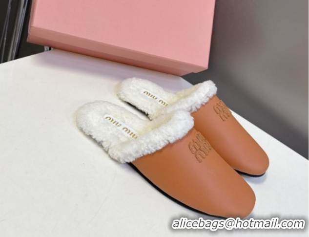 Classic Miu Miu Leather and Wool Flat Mules Brown 2025 MM102502 1025057 2025