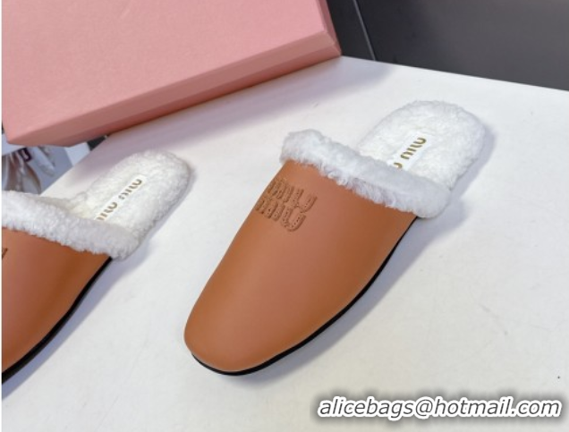 Classic Miu Miu Leather and Wool Flat Mules Brown 2025 MM102502 1025057 2025