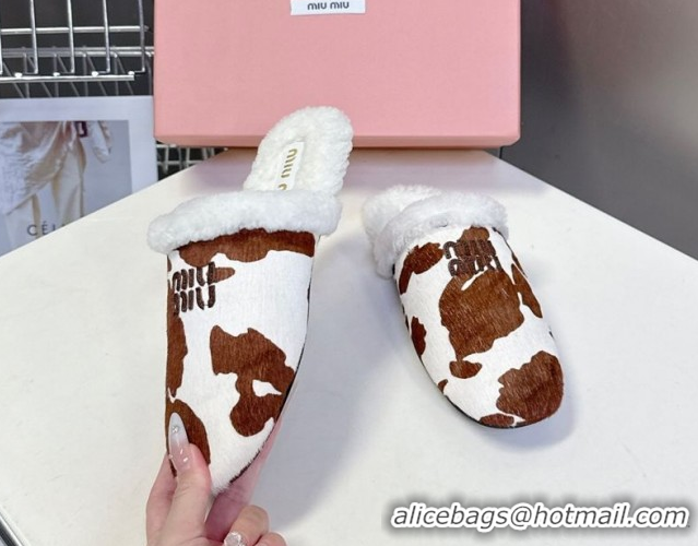 Grade Miu Miu Leather and Wool Flat Mules White/Brown MM102502 1025058 2025