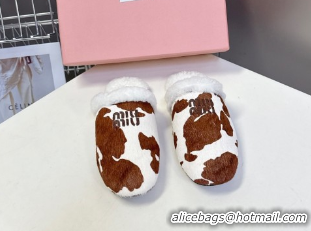Grade Miu Miu Leather and Wool Flat Mules White/Brown MM102502 1025058 2025