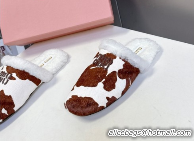 Grade Miu Miu Leather and Wool Flat Mules White/Brown MM102502 1025058 2025