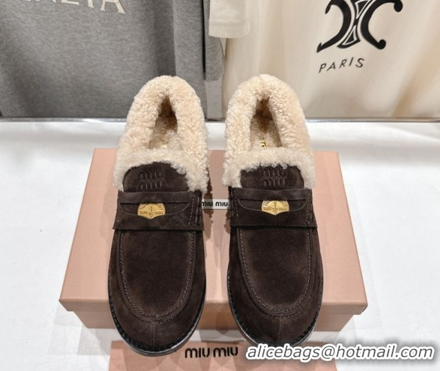Luxury Miu Miu Suede and Wool Loafers with Coin Dark Brown 5D530E 1025059 2025