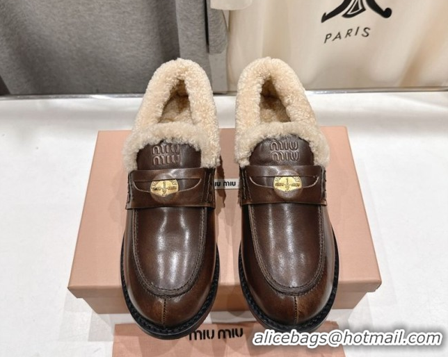Big Discount Miu Miu Bleached Leather and Wool Loafers with Coin Brown 5D530E 1025064 2025