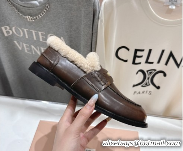 Big Discount Miu Miu Bleached Leather and Wool Loafers with Coin Brown 5D530E 1025064 2025