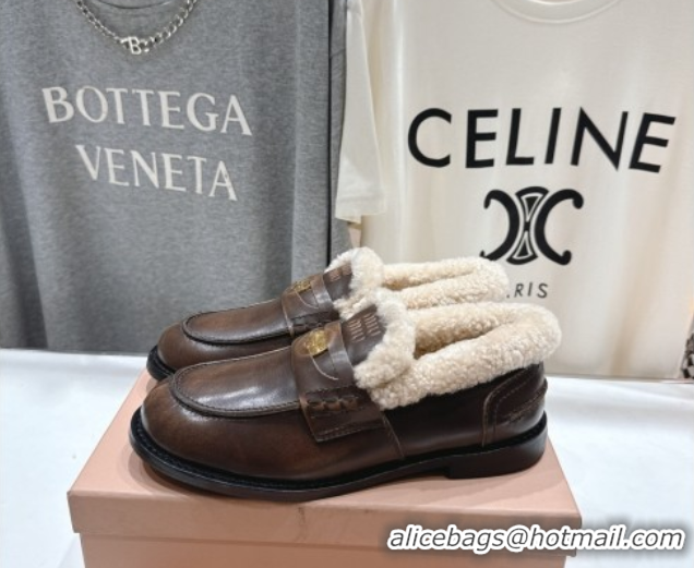 Big Discount Miu Miu Bleached Leather and Wool Loafers with Coin Brown 5D530E 1025064 2025