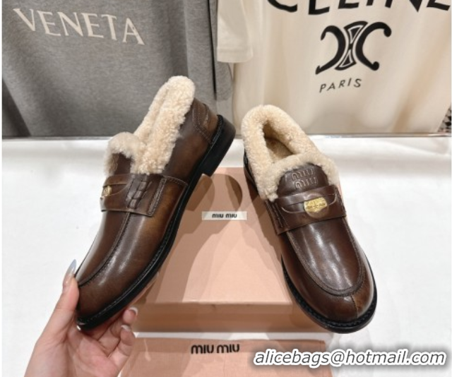 Big Discount Miu Miu Bleached Leather and Wool Loafers with Coin Brown 5D530E 1025064 2025