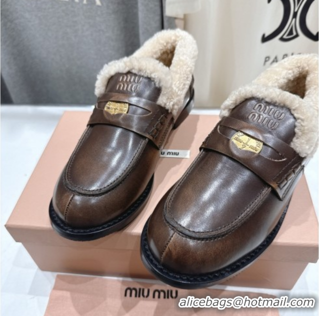 Big Discount Miu Miu Bleached Leather and Wool Loafers with Coin Brown 5D530E 1025064 2025