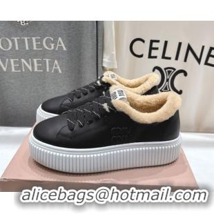 Luxury Miu Miu Leather and Shearling Platform Sneakers Black 5E389E 1025065 2025