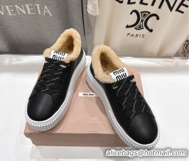 Luxury Miu Miu Leather and Shearling Platform Sneakers Black 5E389E 1025065 2025
