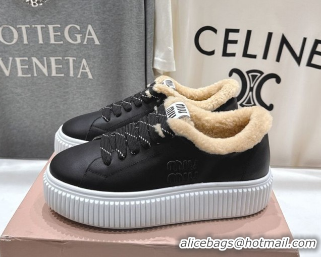 Luxury Miu Miu Leather and Shearling Platform Sneakers Black 5E389E 1025065 2025