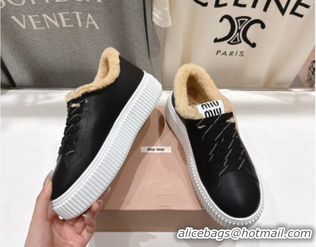 Luxury Miu Miu Leather and Shearling Platform Sneakers Black 5E389E 1025065 2025