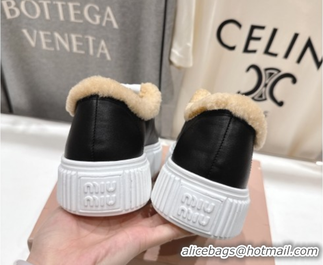 Luxury Miu Miu Leather and Shearling Platform Sneakers Black 5E389E 1025065 2025