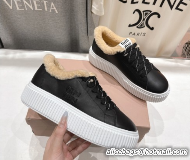 Luxury Miu Miu Leather and Shearling Platform Sneakers Black 5E389E 1025065 2025