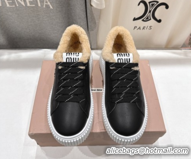 Luxury Miu Miu Leather and Shearling Platform Sneakers Black 5E389E 1025065 2025