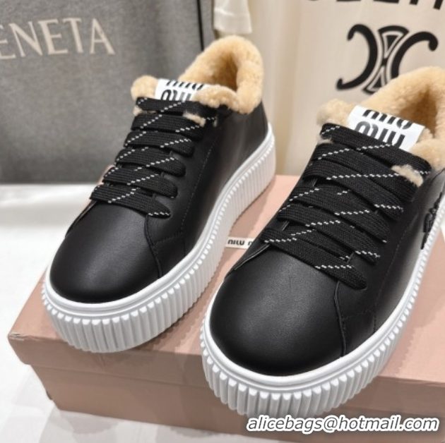 Luxury Miu Miu Leather and Shearling Platform Sneakers Black 5E389E 1025065 2025