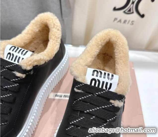 Luxury Miu Miu Leather and Shearling Platform Sneakers Black 5E389E 1025065 2025