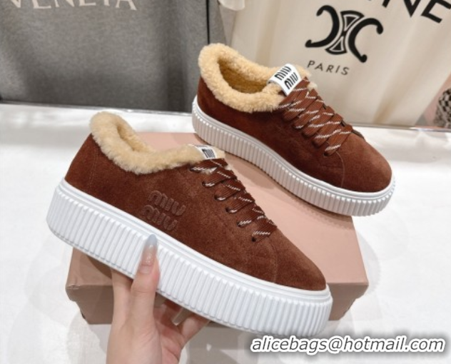 Grade Quality Miu Miu Suede and Shearling Platform Sneakers Brown 5E389E 1025066 2025