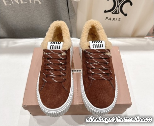 Grade Quality Miu Miu Suede and Shearling Platform Sneakers Brown 5E389E 1025066 2025