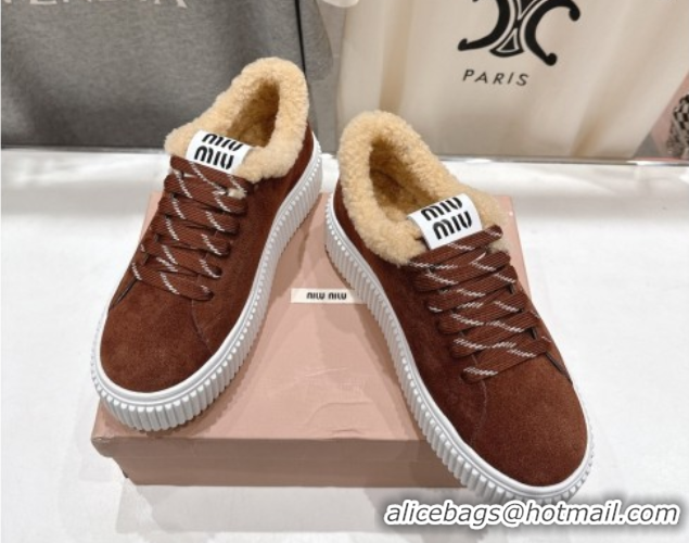 Grade Quality Miu Miu Suede and Shearling Platform Sneakers Brown 5E389E 1025066 2025