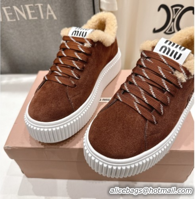 Grade Quality Miu Miu Suede and Shearling Platform Sneakers Brown 5E389E 1025066 2025