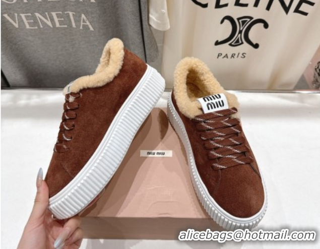 Grade Quality Miu Miu Suede and Shearling Platform Sneakers Brown 5E389E 1025066 2025