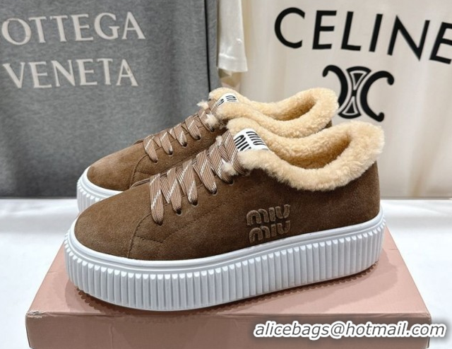 Unique Discount Miu Miu Suede and Shearling Platform Sneakers Beige 5E389E 1025067 2025