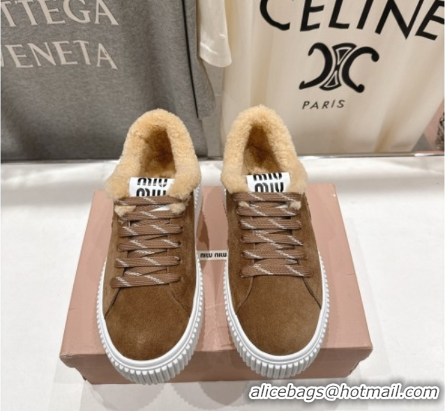 Unique Discount Miu Miu Suede and Shearling Platform Sneakers Beige 5E389E 1025067 2025