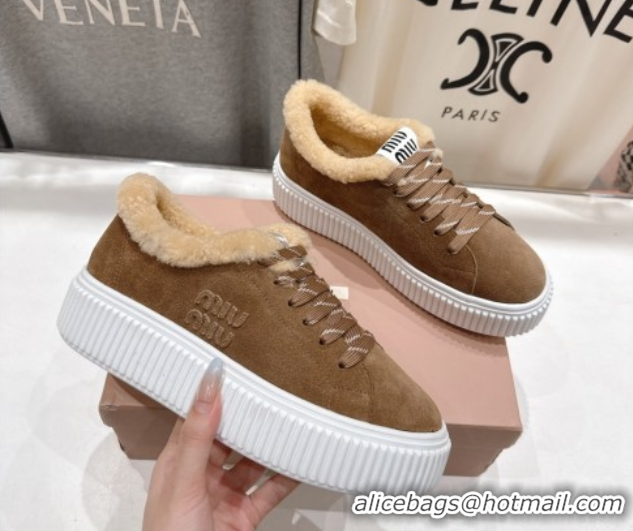 Unique Discount Miu Miu Suede and Shearling Platform Sneakers Beige 5E389E 1025067 2025