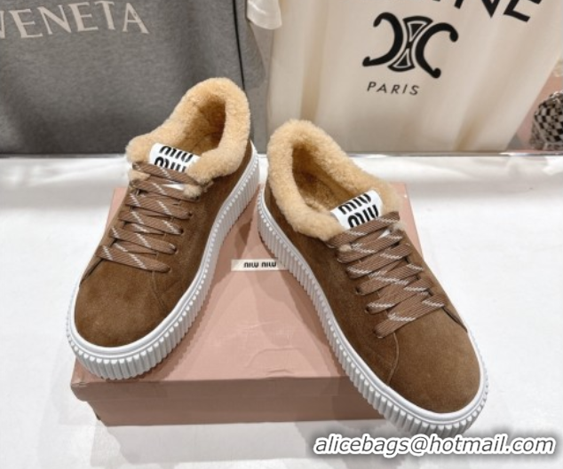 Unique Discount Miu Miu Suede and Shearling Platform Sneakers Beige 5E389E 1025067 2025