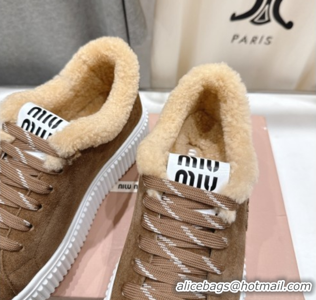 Unique Discount Miu Miu Suede and Shearling Platform Sneakers Beige 5E389E 1025067 2025