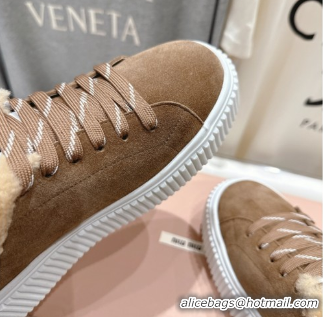Unique Discount Miu Miu Suede and Shearling Platform Sneakers Beige 5E389E 1025067 2025