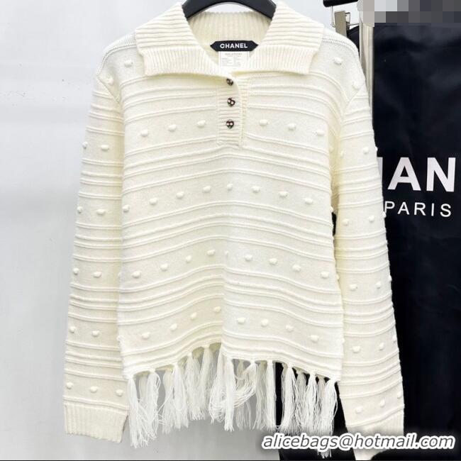 Spot Bulk Chanel Wool Blend Polo Sweater with Tassel 1015 White 2025