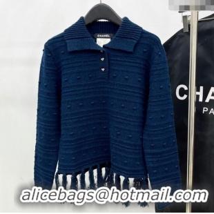 New Cheap Chanel Wool Blend Polo Sweater with Tassel 1015 Blue 2025