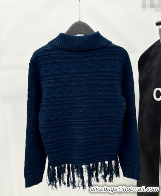 New Cheap Chanel Wool Blend Polo Sweater with Tassel 1015 Blue 2025