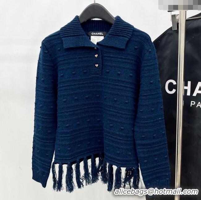 New Cheap Chanel Wool Blend Polo Sweater with Tassel 1015 Blue 2025