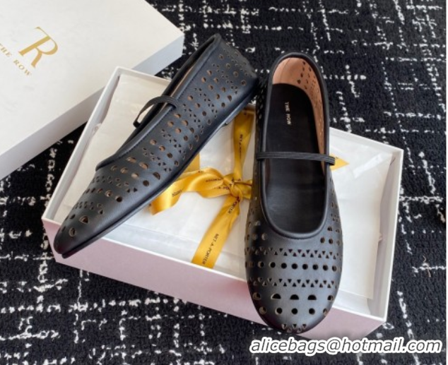 Discount The Row Elastic Ballet Flat in Openwork Leather Black 0604088