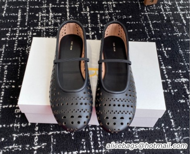 Discount The Row Elastic Ballet Flat in Openwork Leather Black 0604088