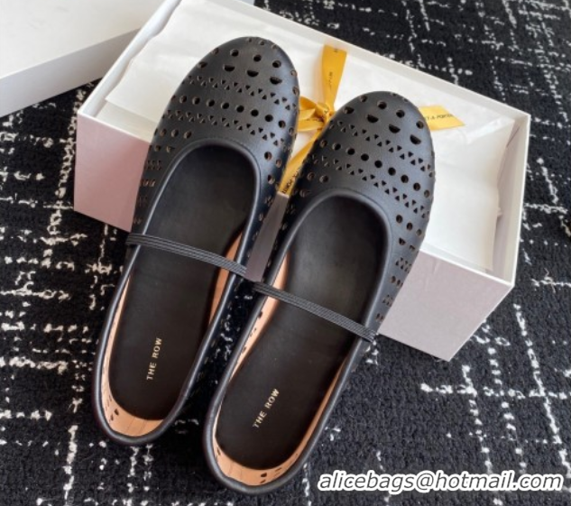 Discount The Row Elastic Ballet Flat in Openwork Leather Black 0604088