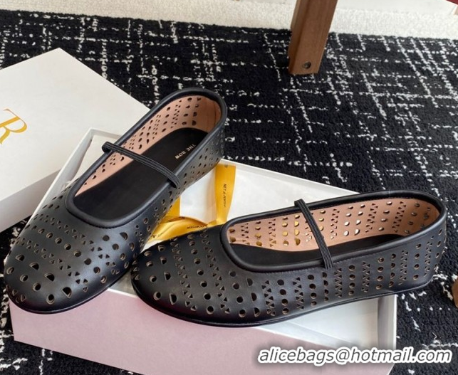 Discount The Row Elastic Ballet Flat in Openwork Leather Black 0604088