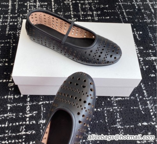 Discount The Row Elastic Ballet Flat in Openwork Leather Black 0604088